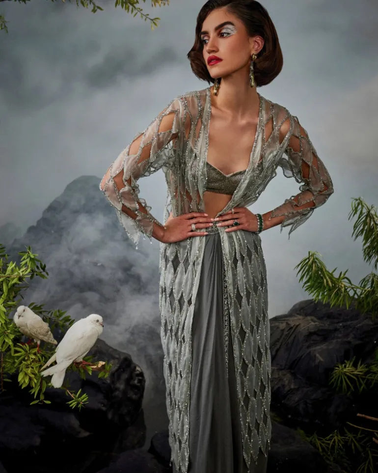 Grey Cutwork Jacket Set