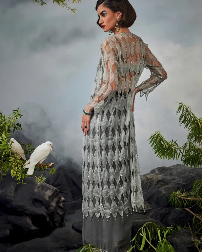Grey Cutwork Jacket Set