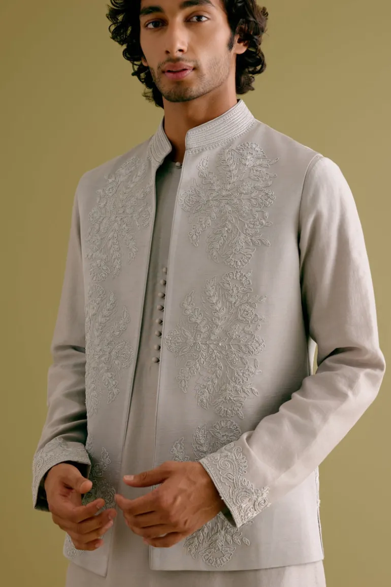 Grey Dori Embroidered Kurta And Bandi Set