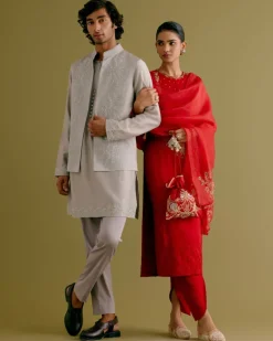Grey Dori Embroidered Kurta And Bandi Set