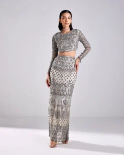 Grey Embroidered Crop Top And Skirt Set