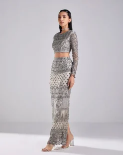 Grey Embroidered Crop Top And Skirt Set