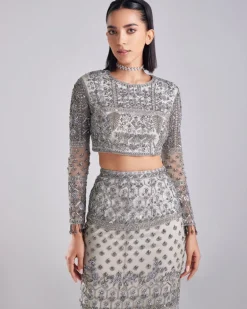 Grey Embroidered Crop Top And Skirt Set