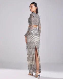 Grey Embroidered Crop Top And Skirt Set