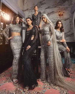 Grey Embroidered Crop Top And Skirt Set