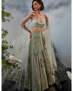 Grey Green Cape Lehenga Set