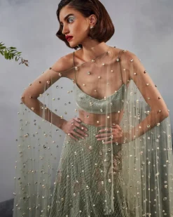 Grey Green Cape Lehenga Set