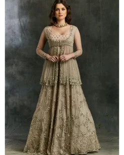 Grey Sequin Organza Lehenga With Peplum Work Blouse