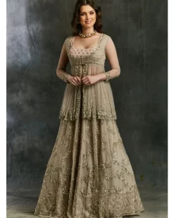 Grey Sequin Organza Lehenga With Peplum Work Blouse