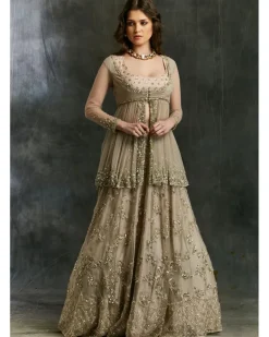 Grey Sequin Organza Lehenga With Peplum Work Blouse