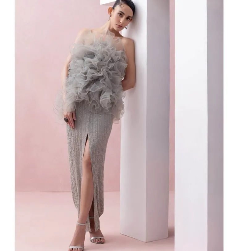 Grey Slit Skirt Skirt with Ruffle Poof Blouse Set