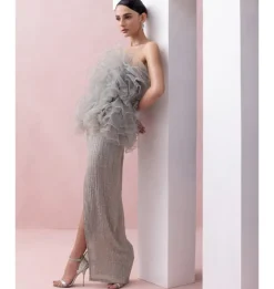 Grey Slit Skirt Skirt with Ruffle Poof Blouse Set