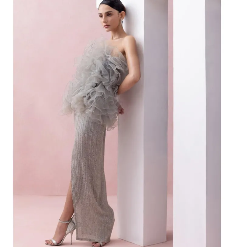 Grey Slit Skirt Skirt with Ruffle Poof Blouse Set