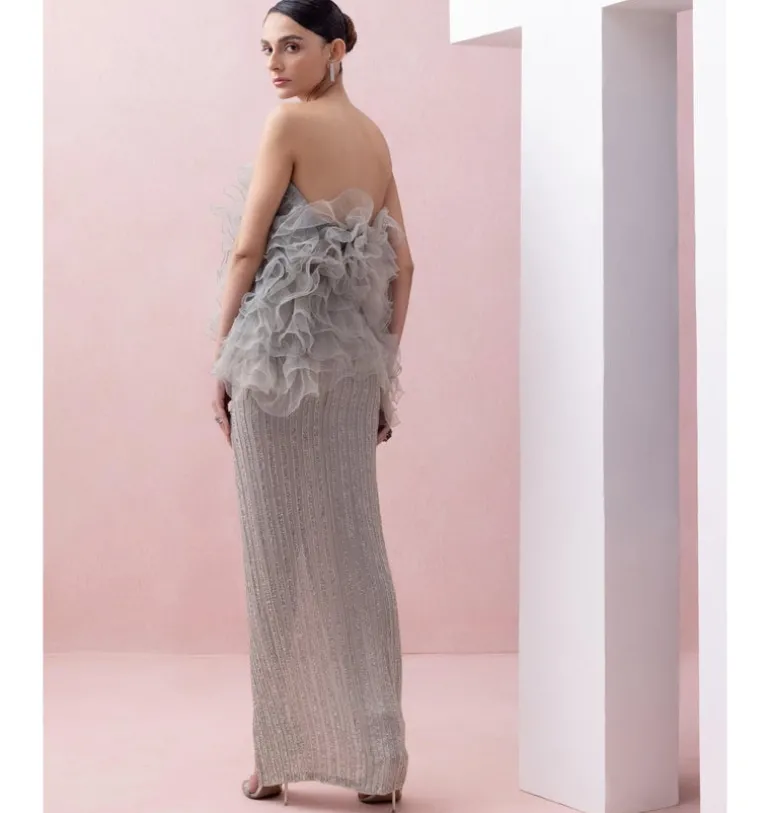Grey Slit Skirt Skirt with Ruffle Poof Blouse Set