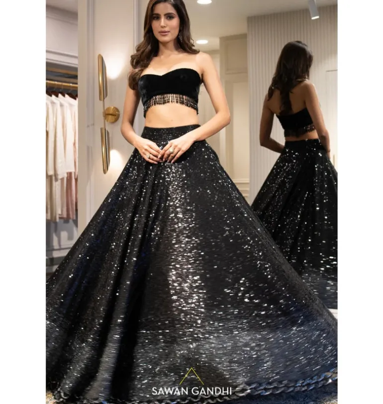 Grey To Black Ombre Sequins Lehenga Set