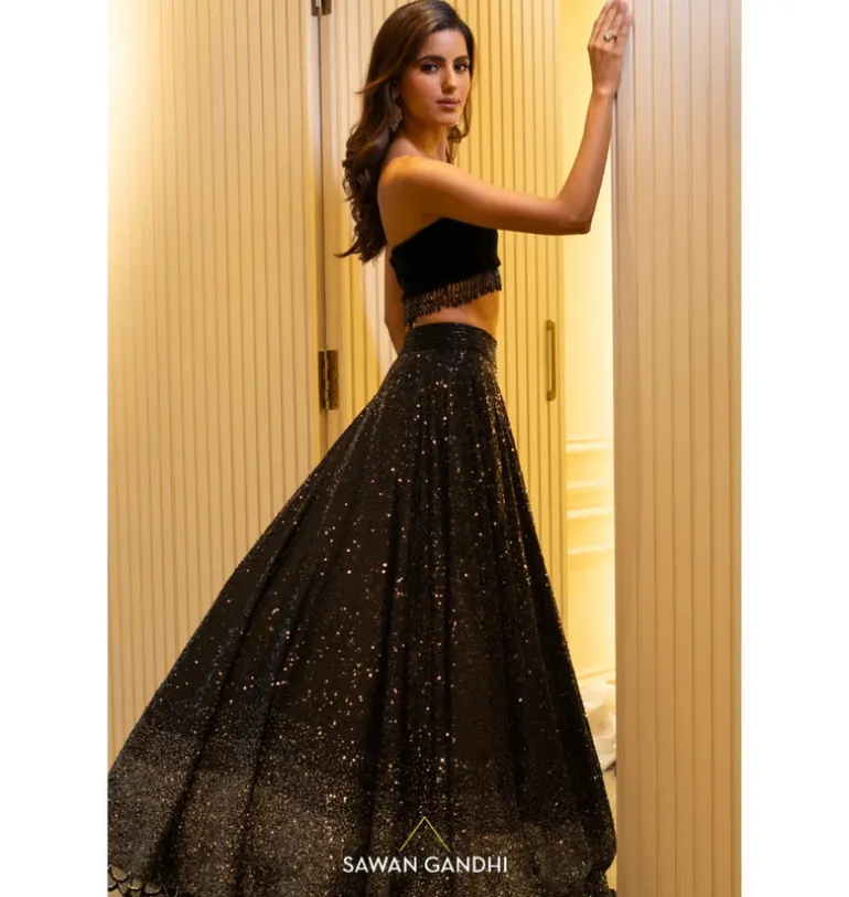 Grey To Black Ombre Sequins Lehenga Set