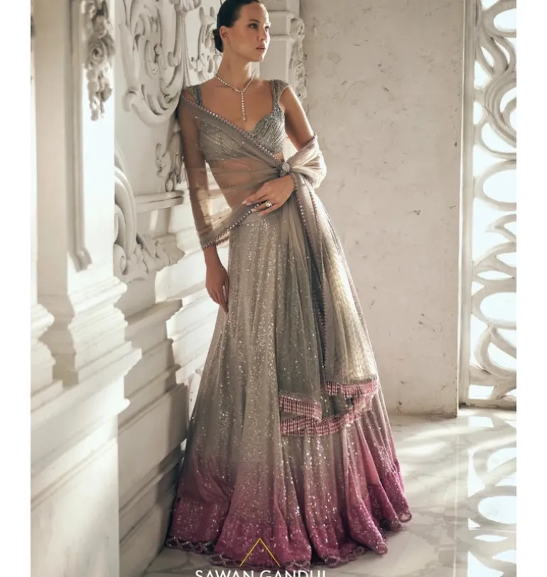 Grey To Pink Ombre Sequins Lehenga Set