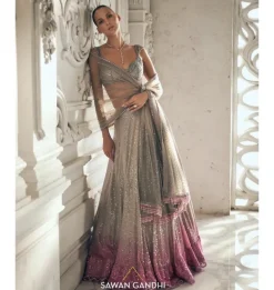 Grey To Pink Ombre Sequins Lehenga Set