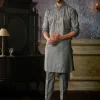 Grey With Gunmetal Embroidered Kurta With Grey Pants
