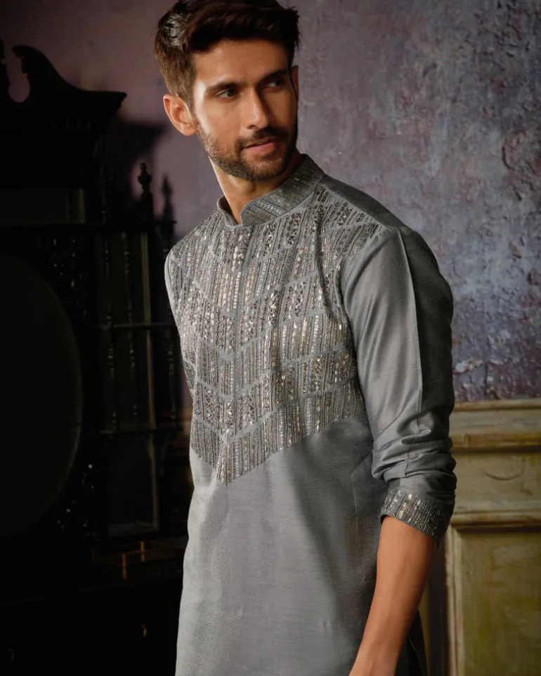Grey With Gunmetal Embroidered Kurta With Grey Pants