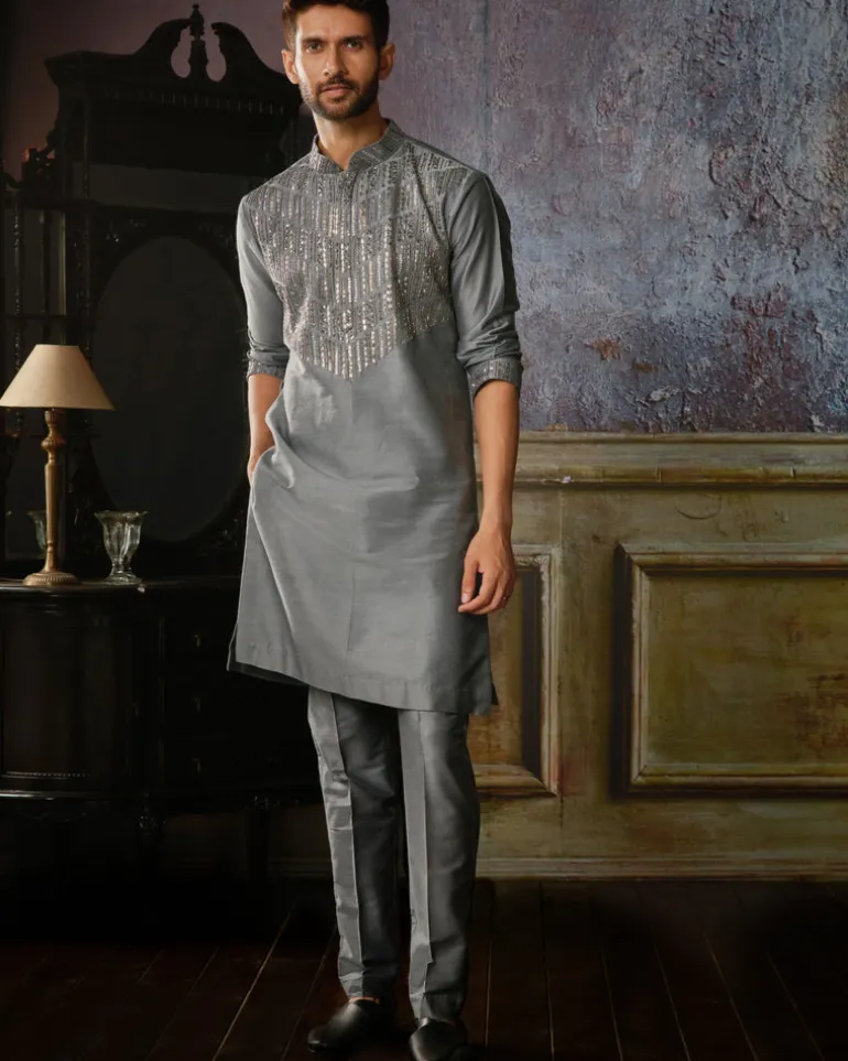 Grey With Gunmetal Embroidered Kurta With Grey Pants
