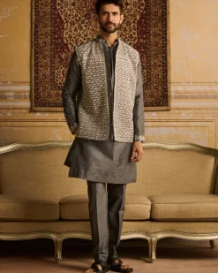 Grey With White Floral Geometric Embroidered Kurta With Grey Pants
