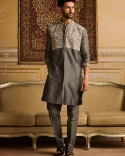 Grey With White Floral Geometric Embroidered Kurta With Grey Pants
