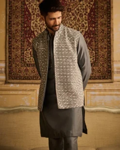 Grey With White Floral Geometric Embroidered Kurta With Grey Pants