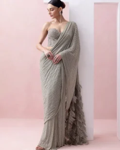 Grey-Green Pre-Stitched Swarovski Sari