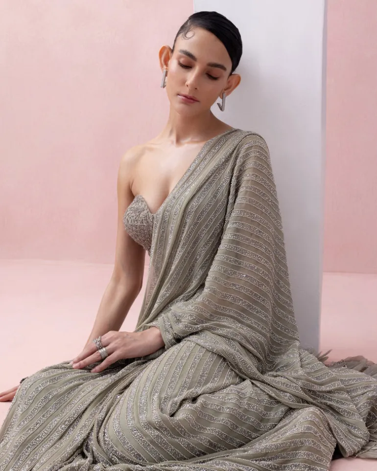 Grey-Green Pre-Stitched Swarovski Sari