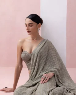 Grey-Green Pre-Stitched Swarovski Sari