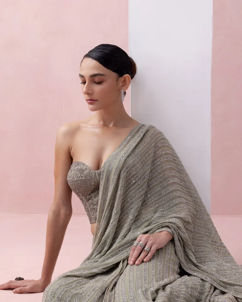 Grey-Green Pre-Stitched Swarovski Sari