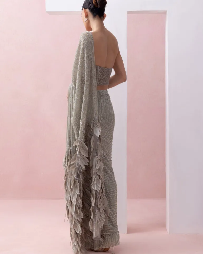 Grey-Green Pre-Stitched Swarovski Sari