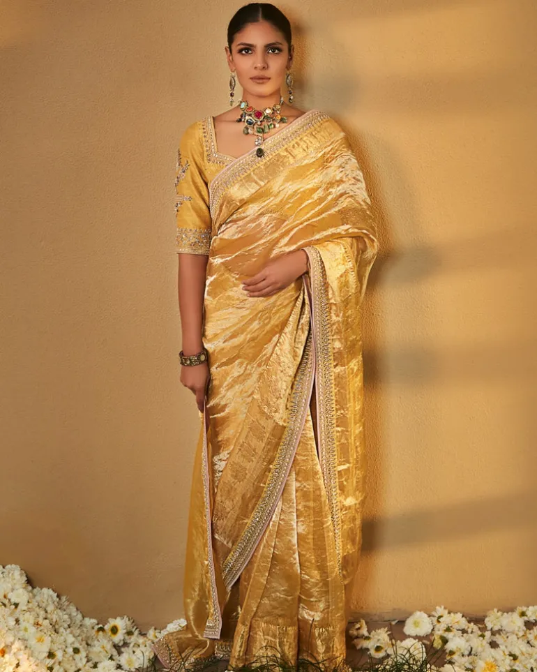 Haldi Yellow Sunaina Wrinkled Tissue Sari