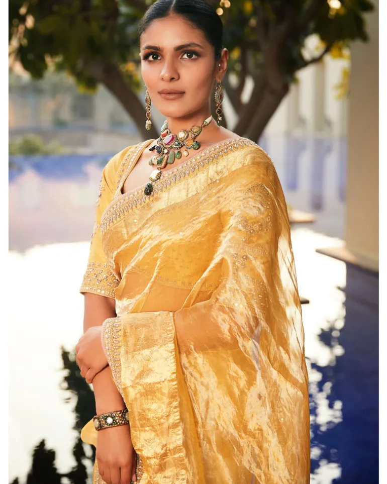 Haldi Yellow Sunaina Wrinkled Tissue Sari