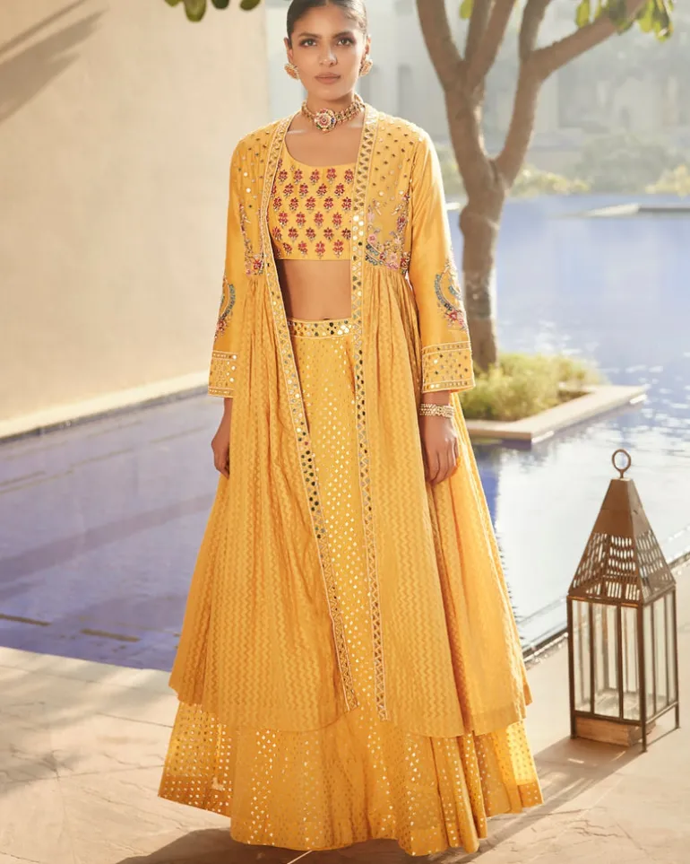 Haldi Yellow Venetian Tripitaka Lehenga Set