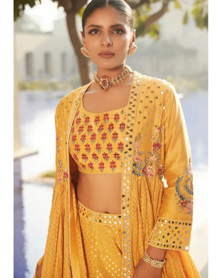 Haldi Yellow Venetian Tripitaka Lehenga Set