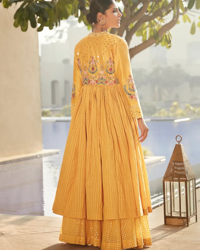 Haldi Yellow Venetian Tripitaka Lehenga Set