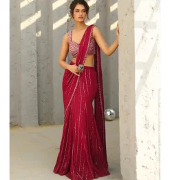 Halley Red Pre-Draped Sari Set