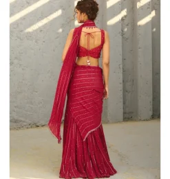 Halley Red Pre-Draped Sari Set