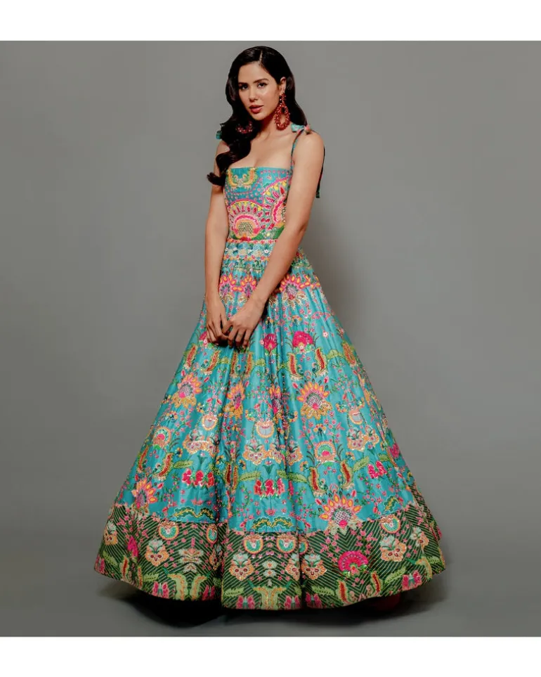 Hawaiian Teal Embroidered Corset Gown
