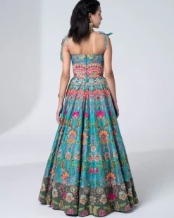 Hawaiian Teal Embroidered Corset Gown