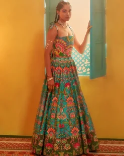 Hawaiian Teal Embroidered Corset Gown