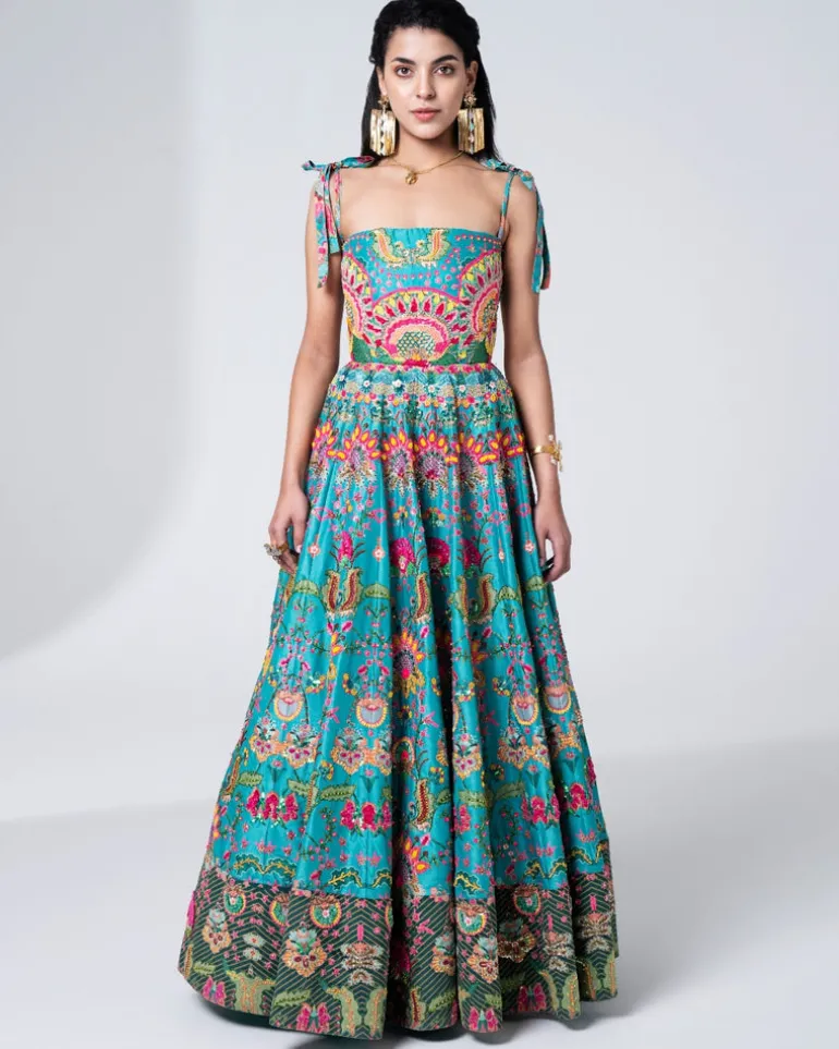 Hawaiian Teal Embroidered Corset Gown