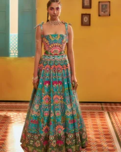 Hawaiian Teal Embroidered Corset Gown