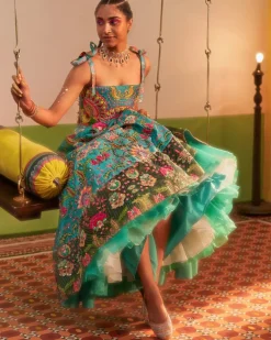 Hawaiian Teal Embroidered Corset Gown