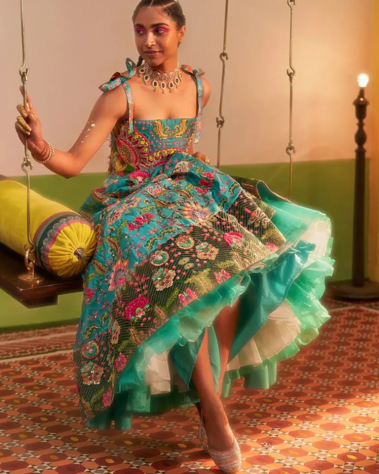 Hawaiian Teal Embroidered Corset Gown
