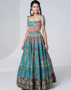 Hawaiian Teal Embroidered Corset Gown