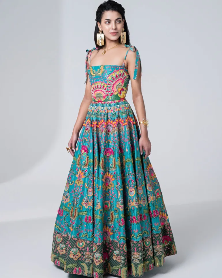 Hawaiian Teal Embroidered Corset Gown
