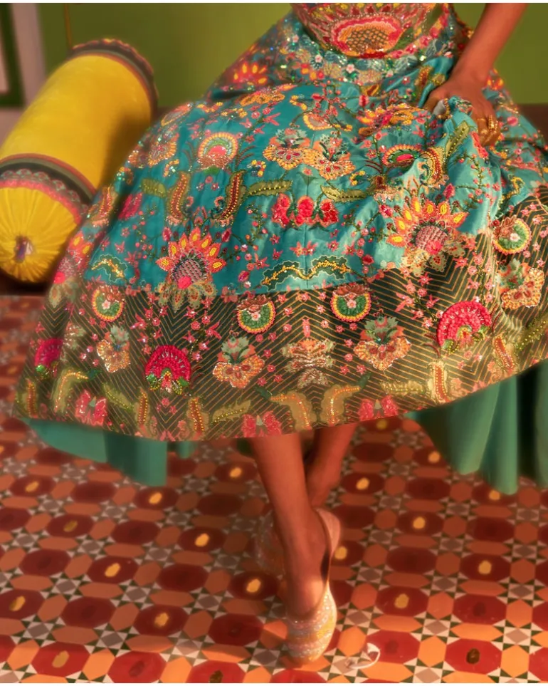Hawaiian Teal Embroidered Corset Gown